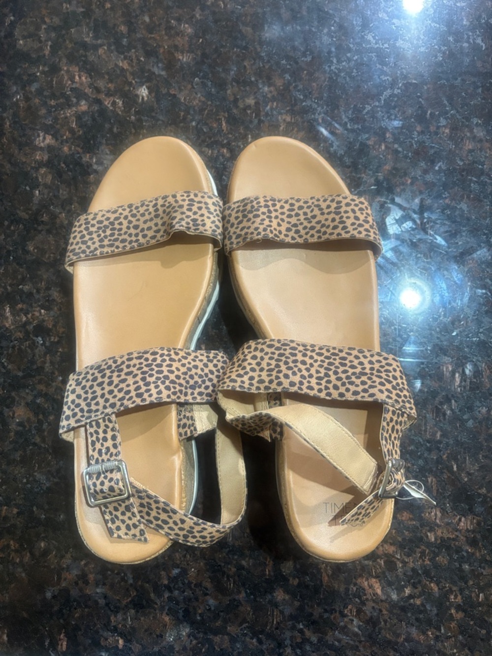 Time and Tru Leopard Print Strap Sandals in Tan